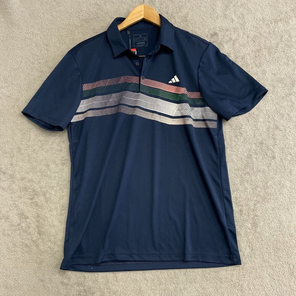 Adidas Men's M Golf Polo Shirt Navy Blue Striped Polyester Short Sleeve n1038 - Picture 4 of 9